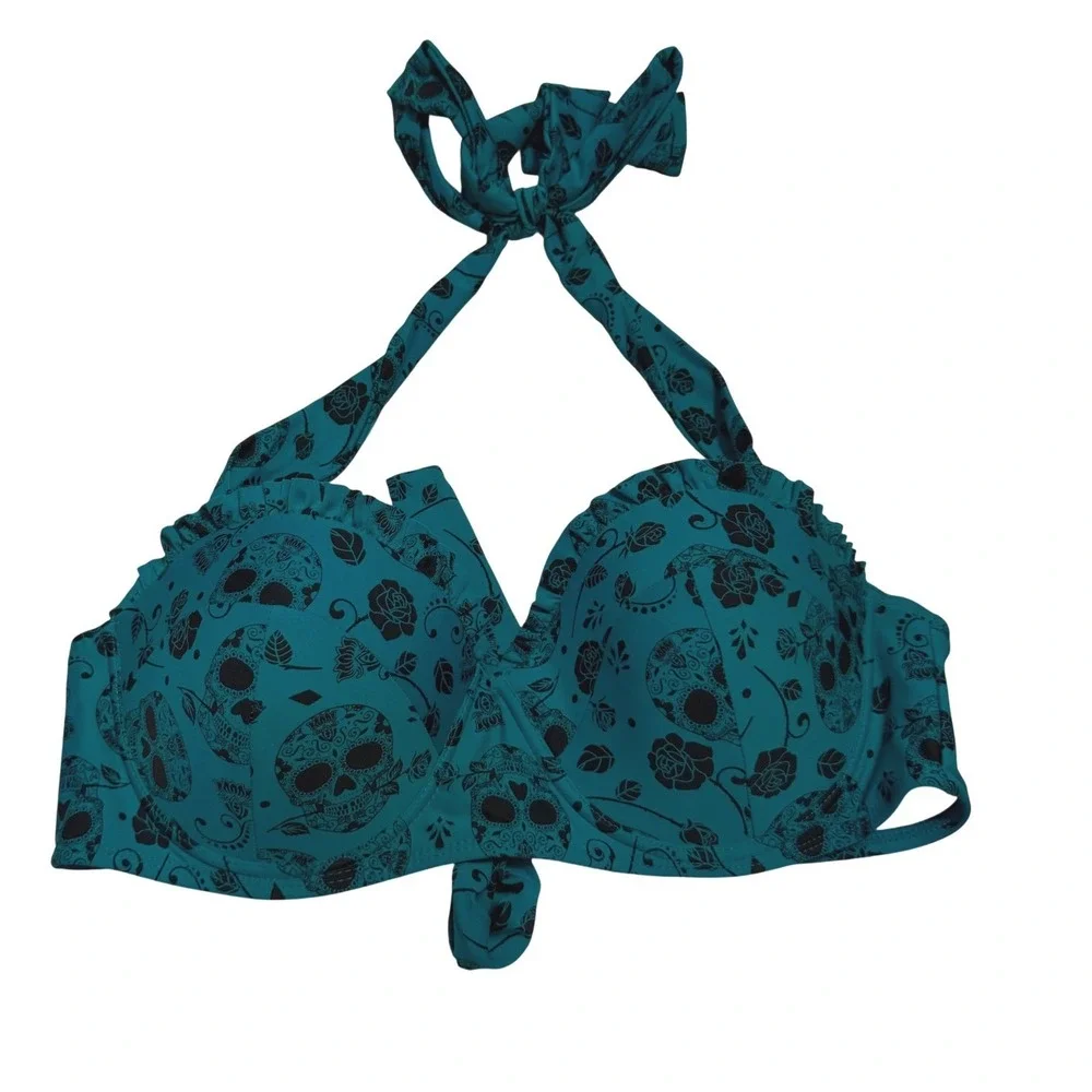 Hot Topic Midnight Hour Teal Sugar Skull Rose Halter Bikini Top Medium Underwire
